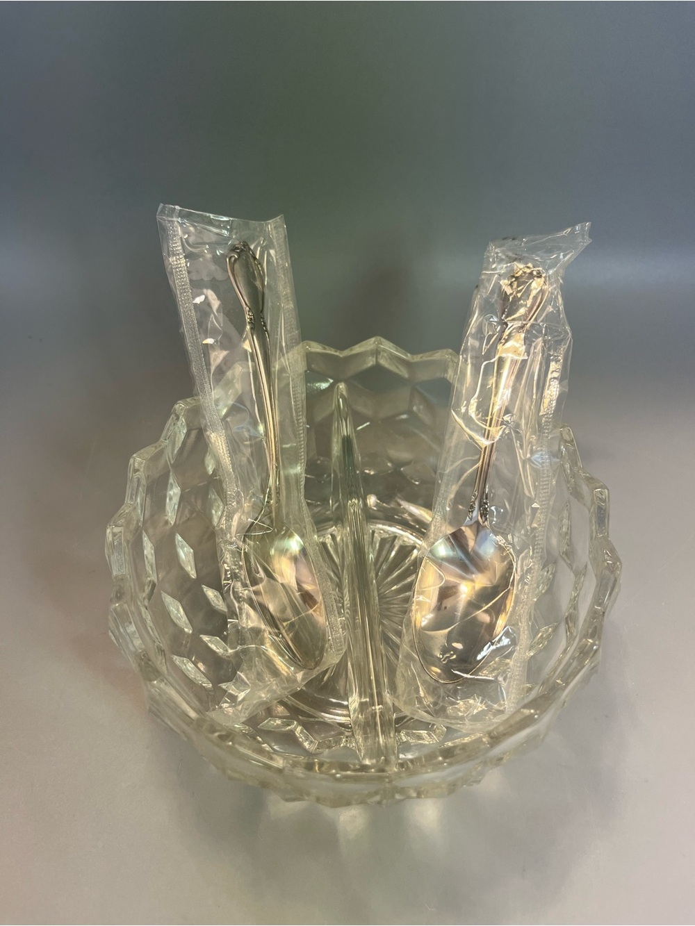 Fostoria American pattern crystal divided dish for relishes, jams, or condiments